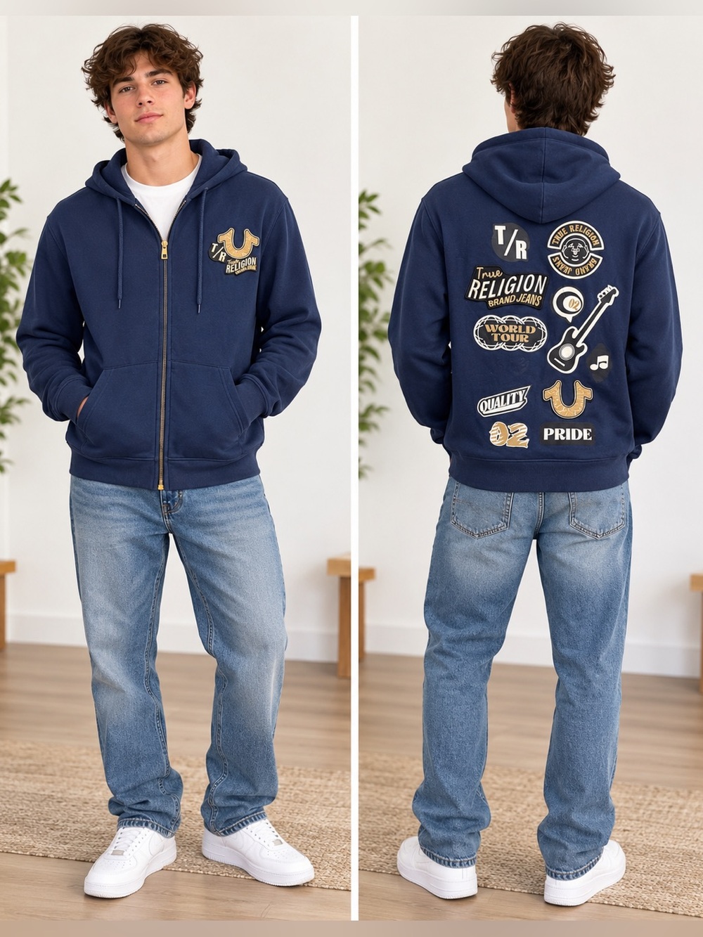 True Religion Men’s Navy Full Zip Hoodie Graphic Patch Jacket Size M